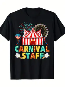 100% Cotton Carnival Staff Costume T-Shirt - Black with Red Multicolor Circus Circus Design - Heavyweight 220gsm Tee for Birthday Parties, Circus Performances, Themed Events - Vintage Circus Worker Outfit - Unisex Adult Costume