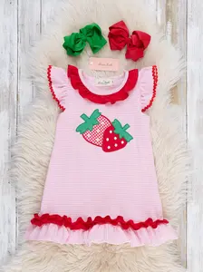 Strawberry Twins Striped Embroidered Cotton Ruffle Dress