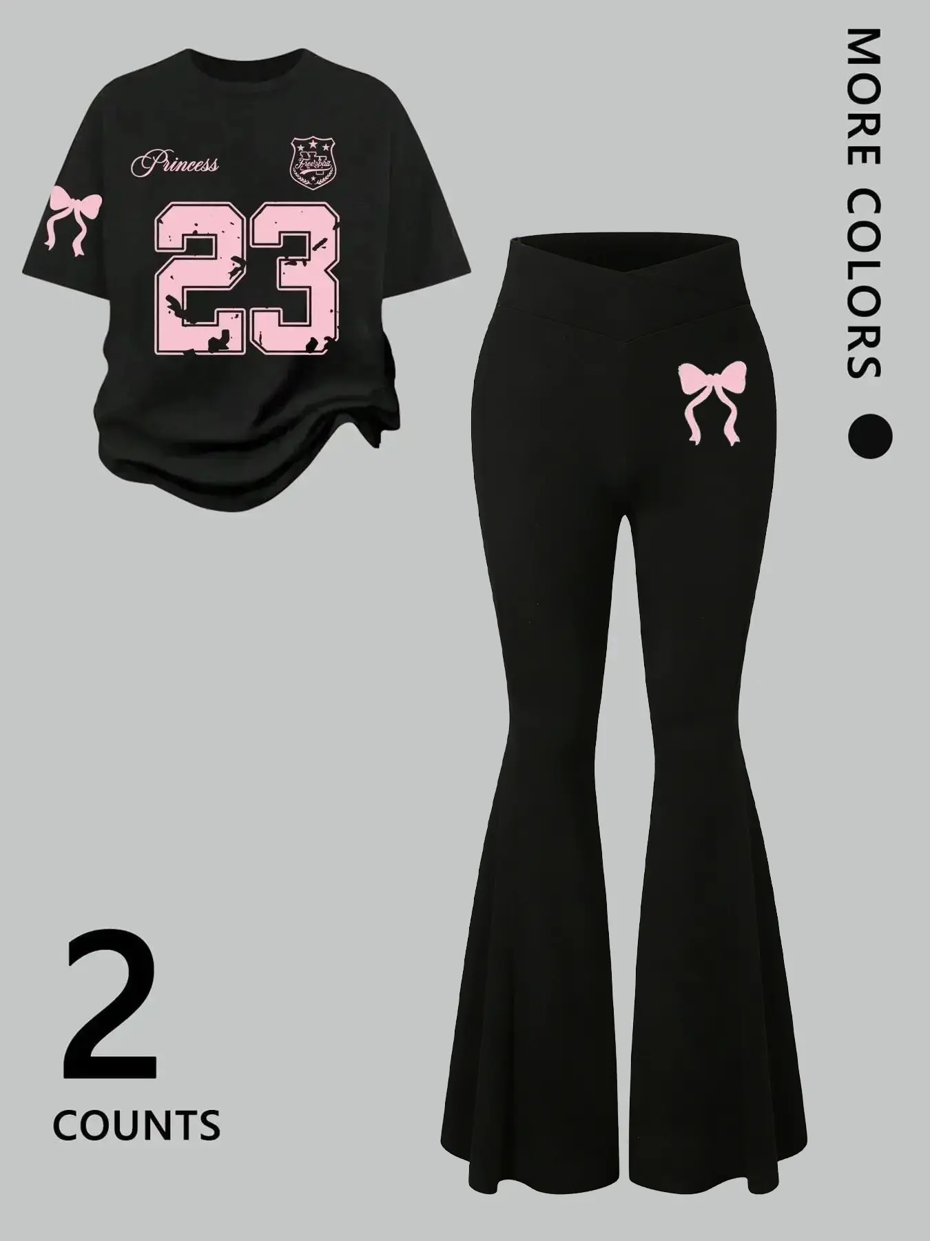 Women's 2-Piece Set Princess 23 Bow Print, Y2K Academy Style T-Shirt Round Neck & High-Waisted Bell-Bottom Pants, Casual Trendy Sweet Streetwear Clothes Matching Sets