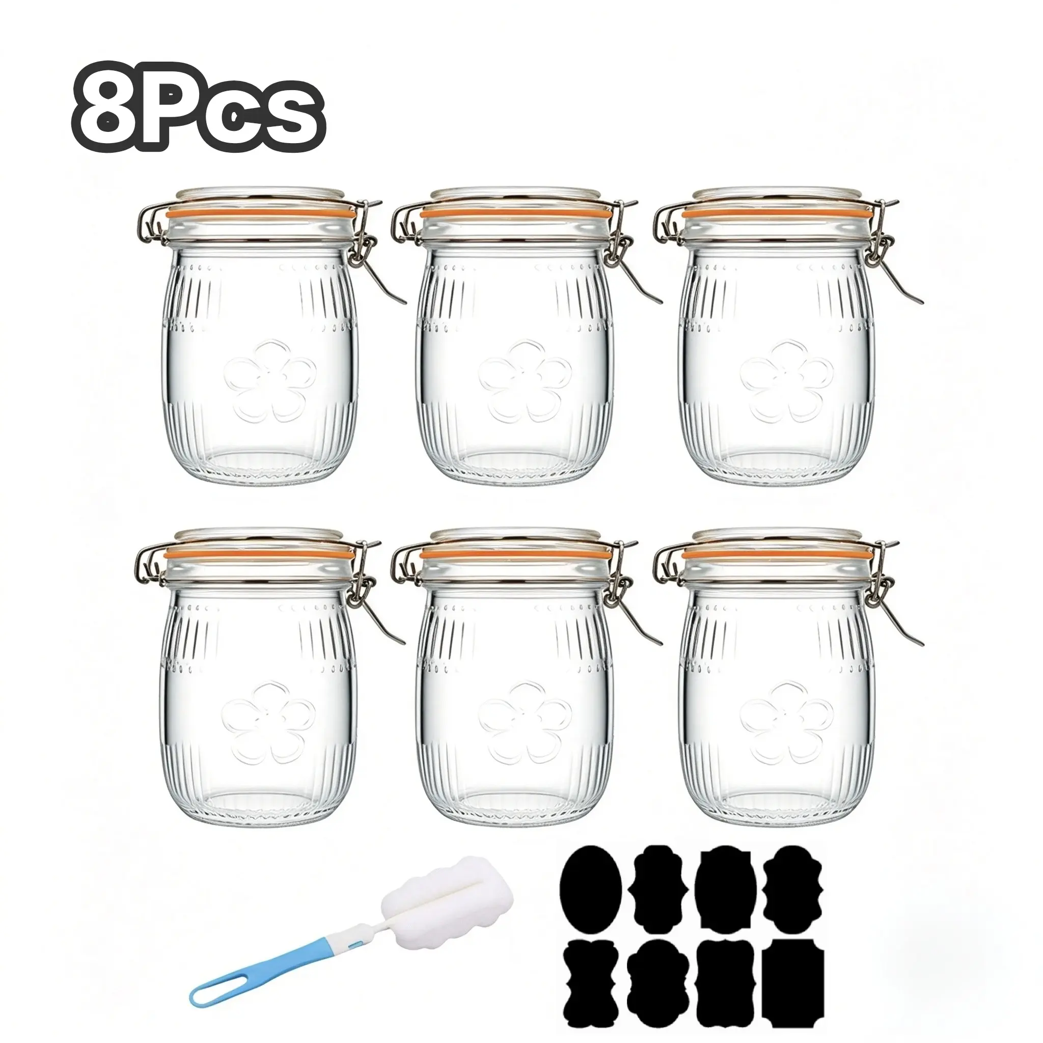 Wide Mouth Vintage Mason Jars 32oz Airtight Lid Canister Quart Jars for Kitchen Storage Coffee Sugar Beans 8 Pack Durable Clear Glass Containers with Sun Flower Pattern Utensils