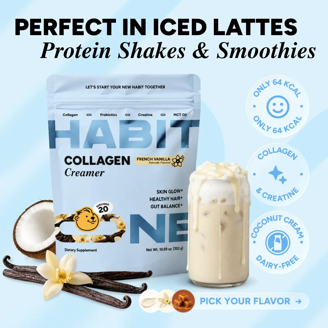 HabitONE Collagen Creamer — Dairy-Free Collagen Coffee Creamer for Skin, Hair, Nails & Gut Support | Coconut Cream Base with Creatine, MCT & Probiotic | Original, Salted Caramel & French Vanilla