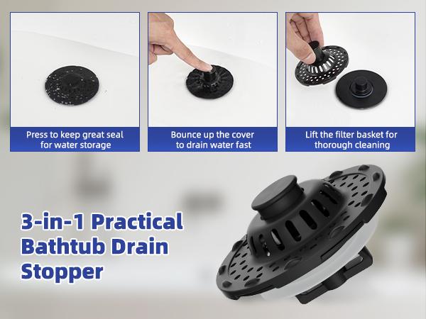 Universal Bathtub Drain Stopper Shower Drain Hair Catcher, Tub Stopper with Visible Top Strainer, Upgraded 3 in 1 Pop-up Drain Plug Fit for 1.5 to 2.4" Hole, Stainless Filter Basket  Matte Black