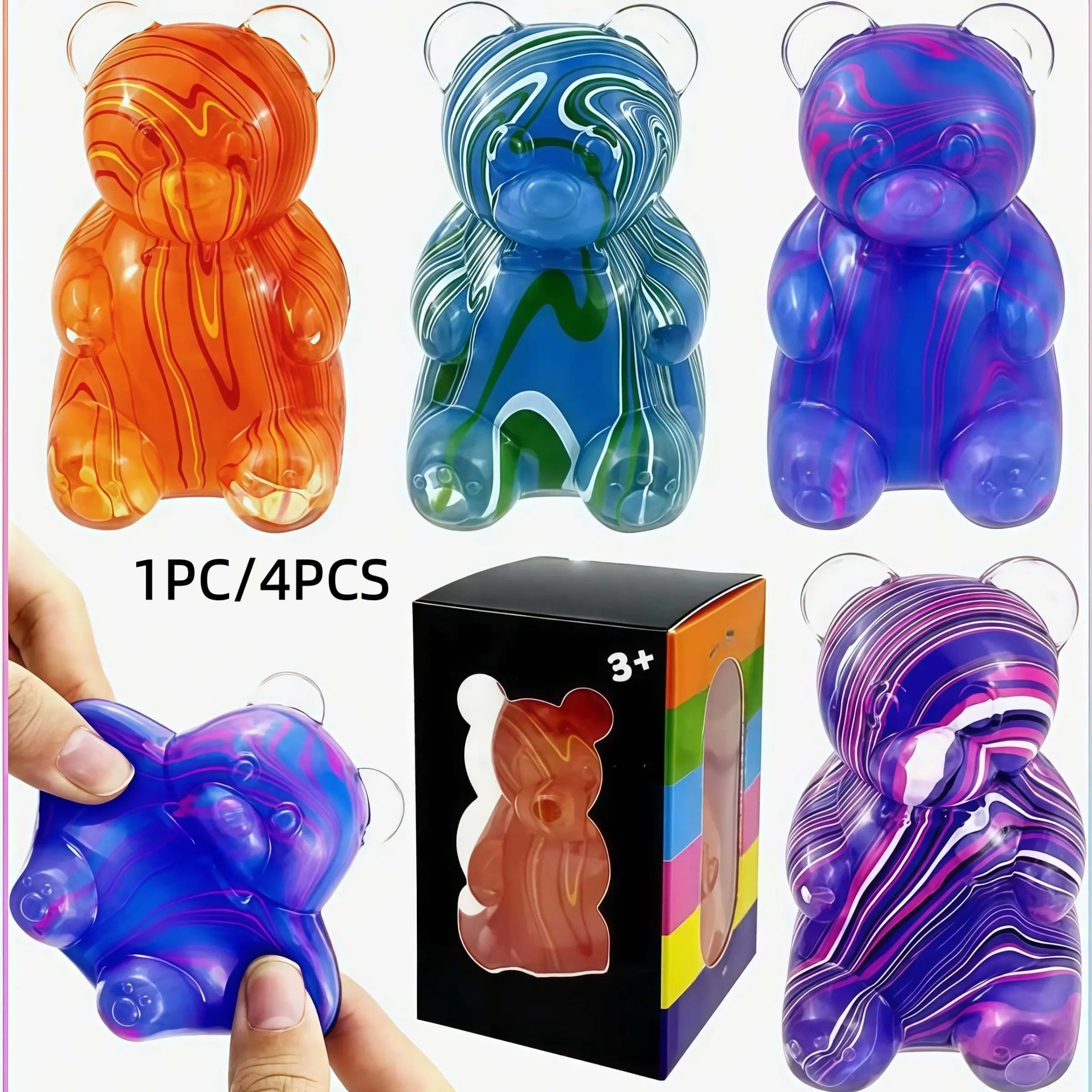 1 or 4 Pack Jelly Bear Sensory Stress-Relief Toys, Gel-Filled Squeeze Toys, Fun Decompression Stress Toys, Great Relaxation and Birthday Gifts, Party Bag Fillers, Squishy Animals, Sensory Fidget Squishies