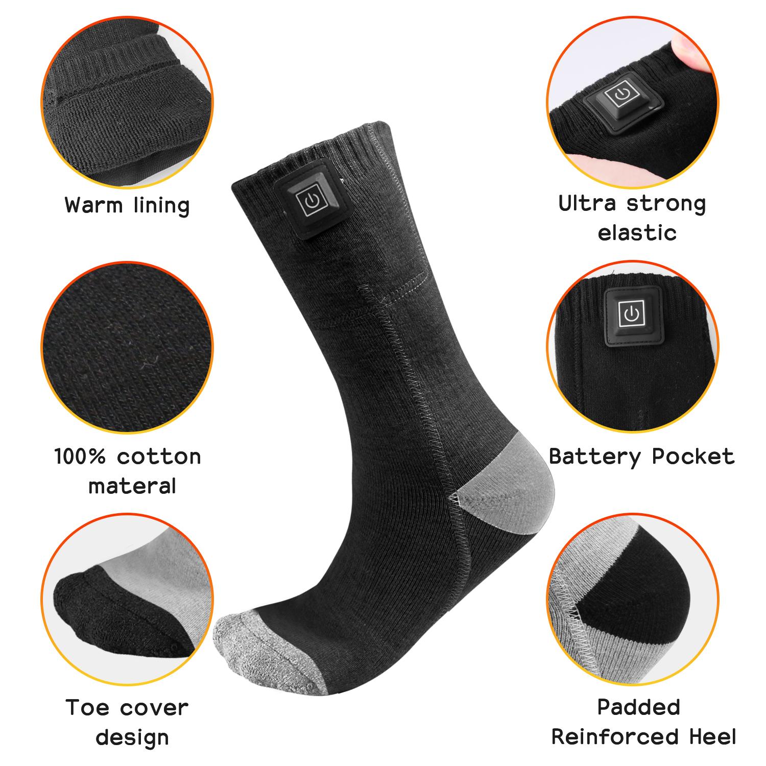 1 Pair Rechargeable Thermal Heated Socks with 3 Heat Settings, 2pcs 4000mAh Batteries, Soft Nylon, Washable for Winter Camping, Skiing, Hiking