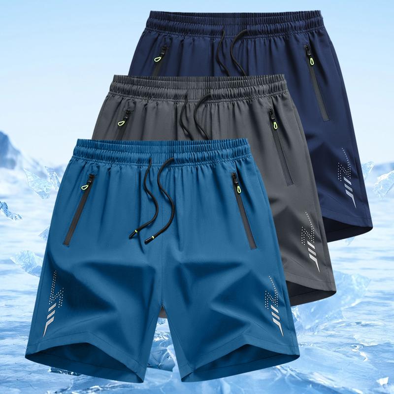 3pcs Men's Letter Print Zipper Pocket Shorts, Casual Breathable Athletic Quick Driving Straight Leg Travel Shorts, Mens Shorts, Workout Clothing Activewear, Men's Bottoms for All Seasons, Shorts for Men, Workout Gym Shorts solid color basic style Elastic