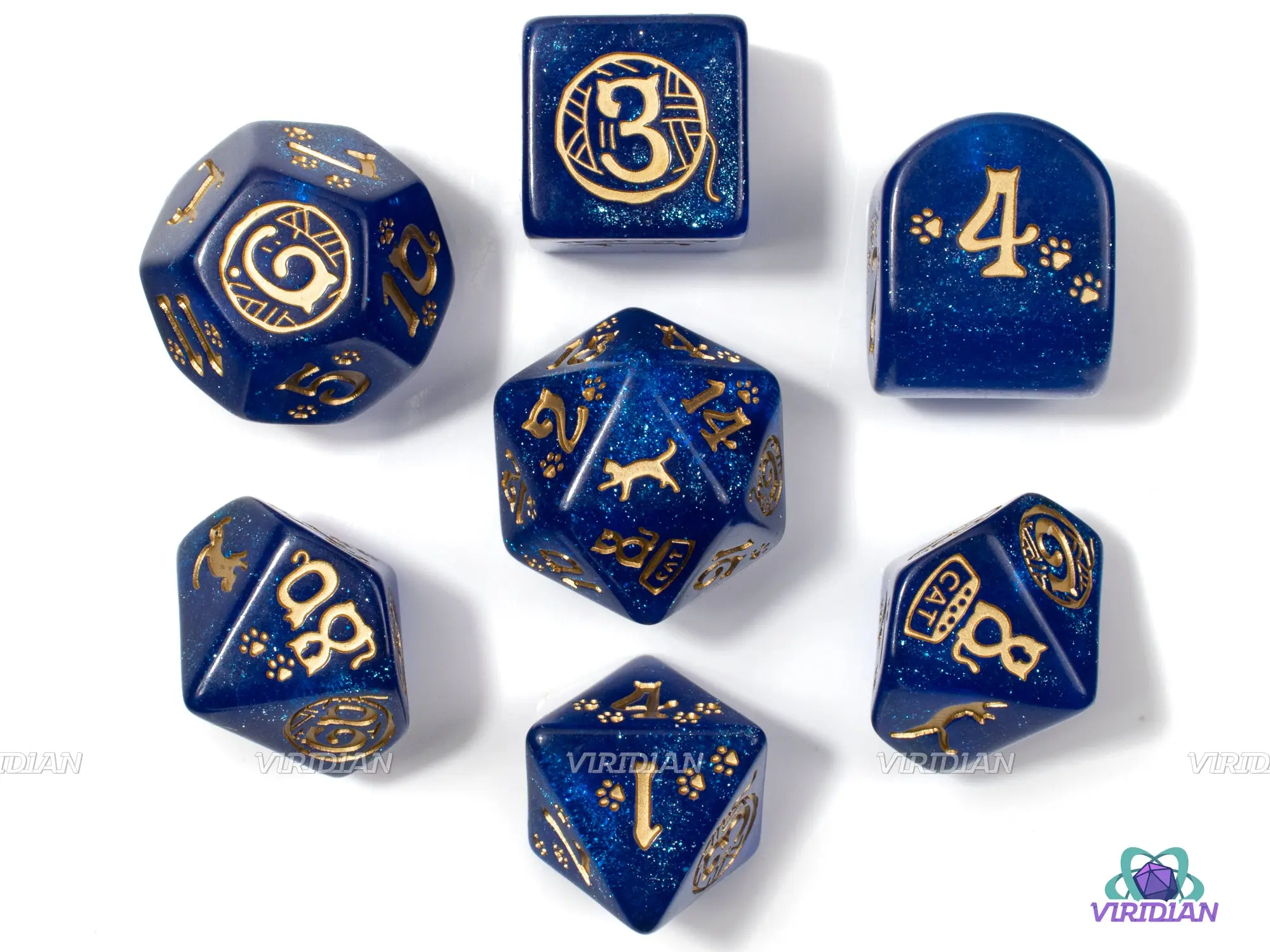 Cats: Meowster | Cat-Themed Shimmering Deep Blue & Gold | Q Workshop | Acrylic Dice Set (7)