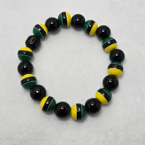 Jamaica Colored Glass Beaded Bracelet - Black Green & Gold Beads Bringing Memories of Jamaica