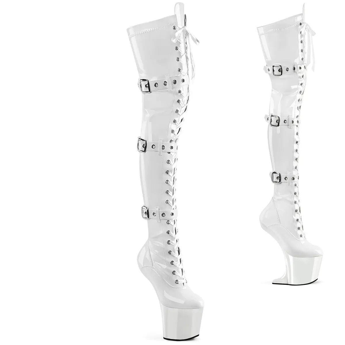 Women's Stretch Patent Thigh High Boots with 8" Heelless Design, 3" Platform Sole, Lace-Up Detailing, and Convertible Wedge Attachments