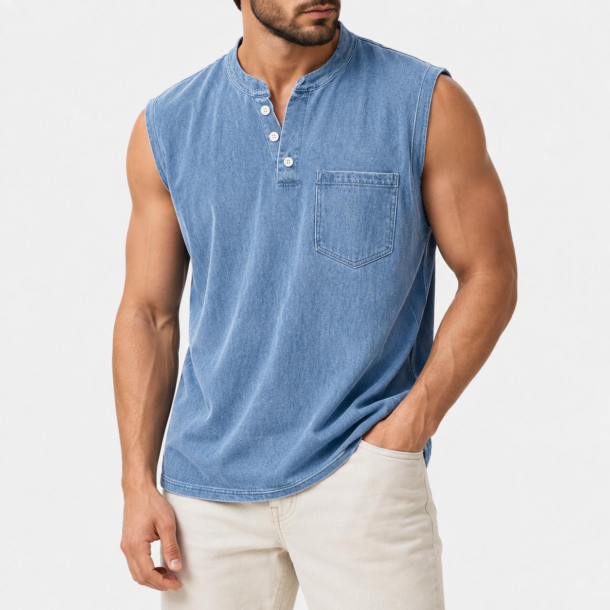 Men's Casual Sleeveless Henley Shirt, Washed Cotton Muscle Tank Top with Chest Pocket, Relaxed Fit Plus Size Vest for Gym, Workout, Running & Everyday Wear Menswear Wetsuit