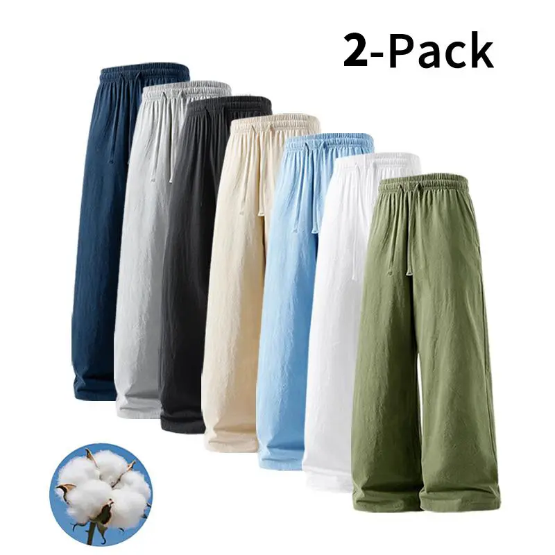 Men's 2 Pack Casual Linen Pants, Baggy Fit Soft Linen Cotton Blend, Lightweight Anti-Wrinkle Non See Through Menswear, Baggy Pants, Trouser