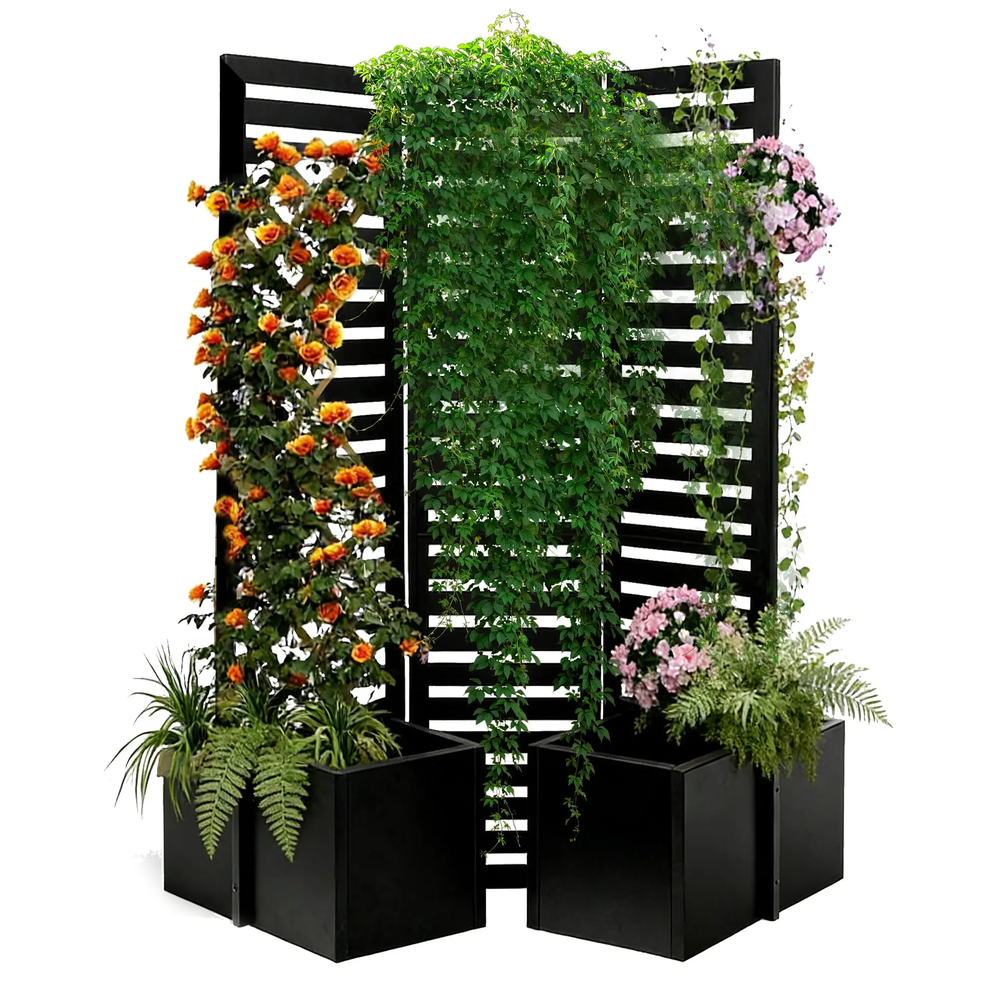 3-Panel Privacy Fence Screen with Planter Boxes, Outdoor Metal Room Divider for Patio & Yard, Freestanding Garden Partitions with 4 Self-Draining Raised Garden Beds for Deck or Backyard,51x70x28 Inch