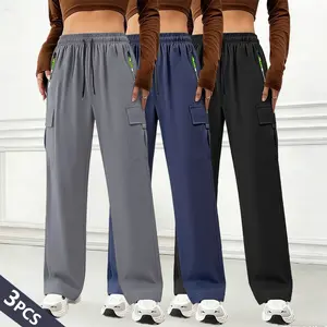 Women’s Cargo Pants – 3/1 pack, non-stretch full-length pants with multiple pockets and an adjustable drawstring waist; suitable for gym, outdoor, and everyday wear; non-stretch fabric; machine washable; suitable for all seasons and outdoor casual wear.