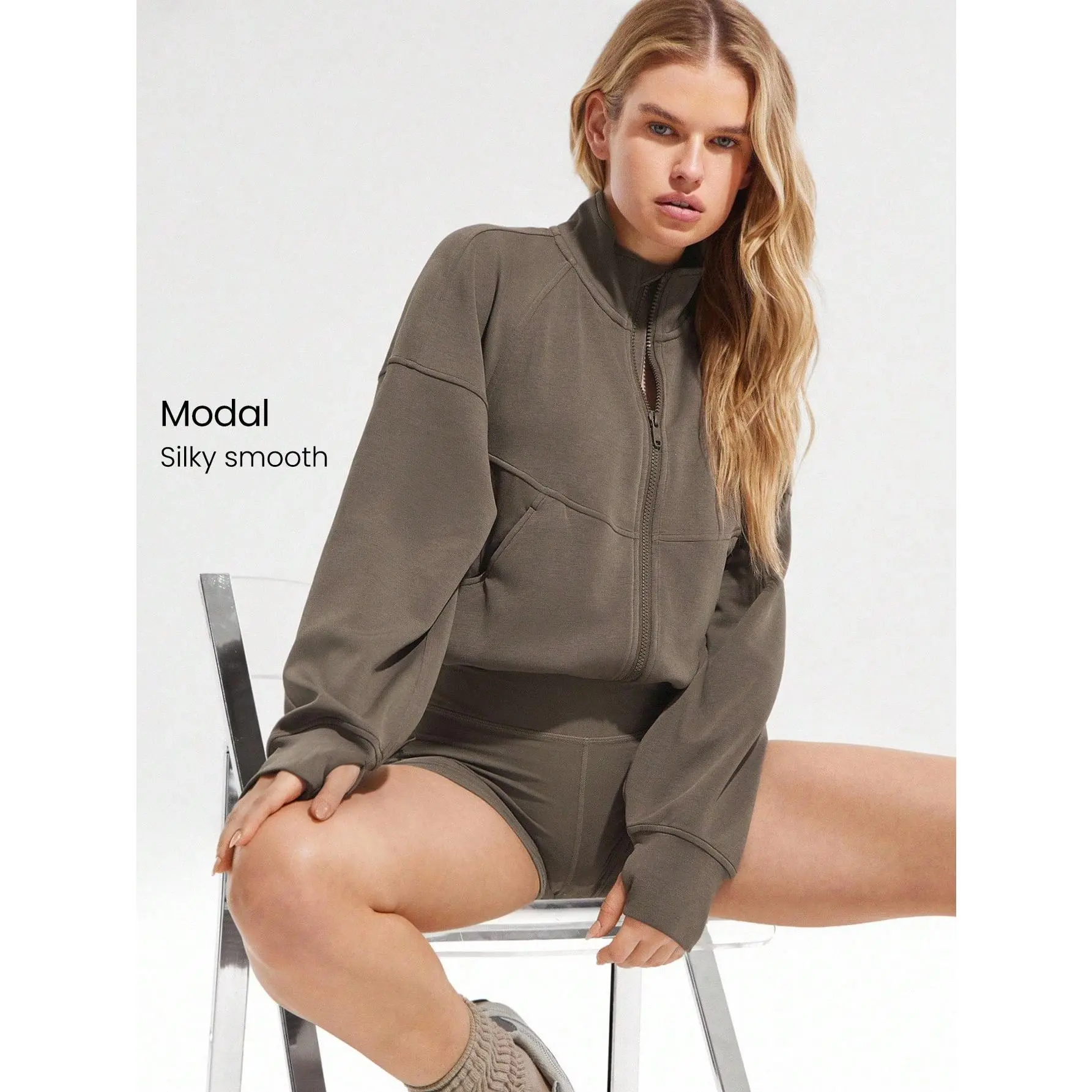GLOWMODE Softserene Modal Cool Comfort Silky Smooth Breathable Contoured Seams Stand-Up Collar Drawstring Waist Big Pockets Thumbholes Waist Length Zip-Up Jacket Daily Casual Wear