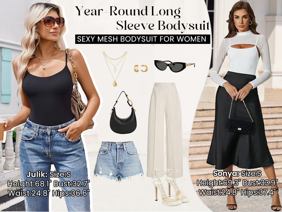 Womens Long Sleeve Bodysuits Mock Turtle Neck Shapewear Bodysuit Sexy Mesh Bodysuit Two Piece Outfit Cami Tops