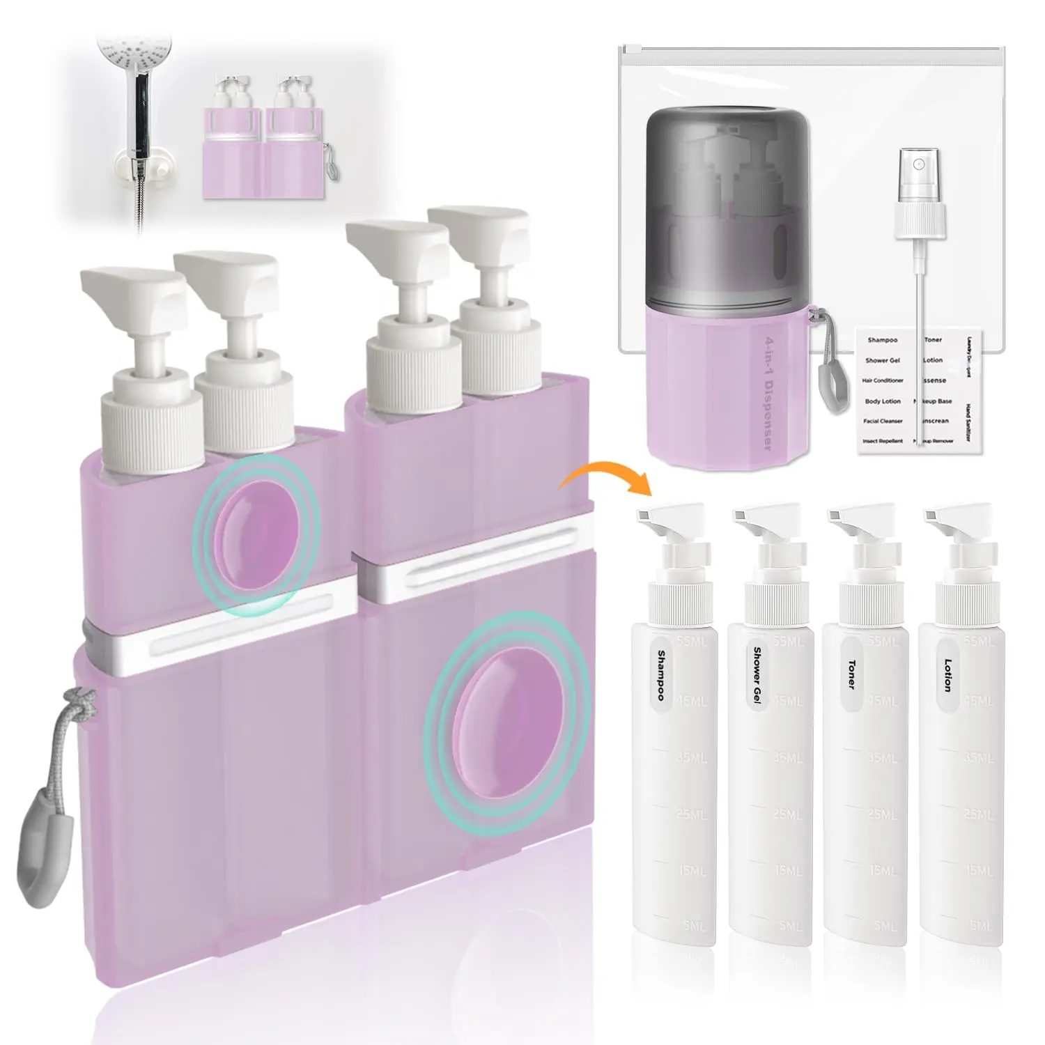 4-in-1 Travel Dispenser Bottle Container Set, TSA-Approved Wall-Mount Suction Cup Storage Kit with 4x55ml Refillable Pump Bottles for Lotion, Pink Transparent with Leak-Proof Buckle, Water Proof