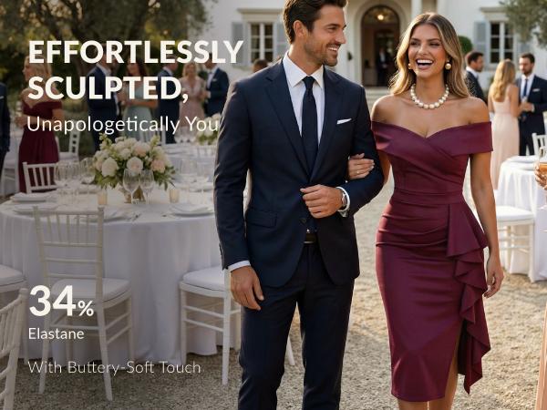 CurvySweet SDK0590A Elegant Sexy Off-Shoulder Bodycon Midi Dress with Side Slit & Ruffle Hem, Built-In Bra — Perfect for Valentine’s Day, Cocktail Parties, Wedding Guests & Evening Events