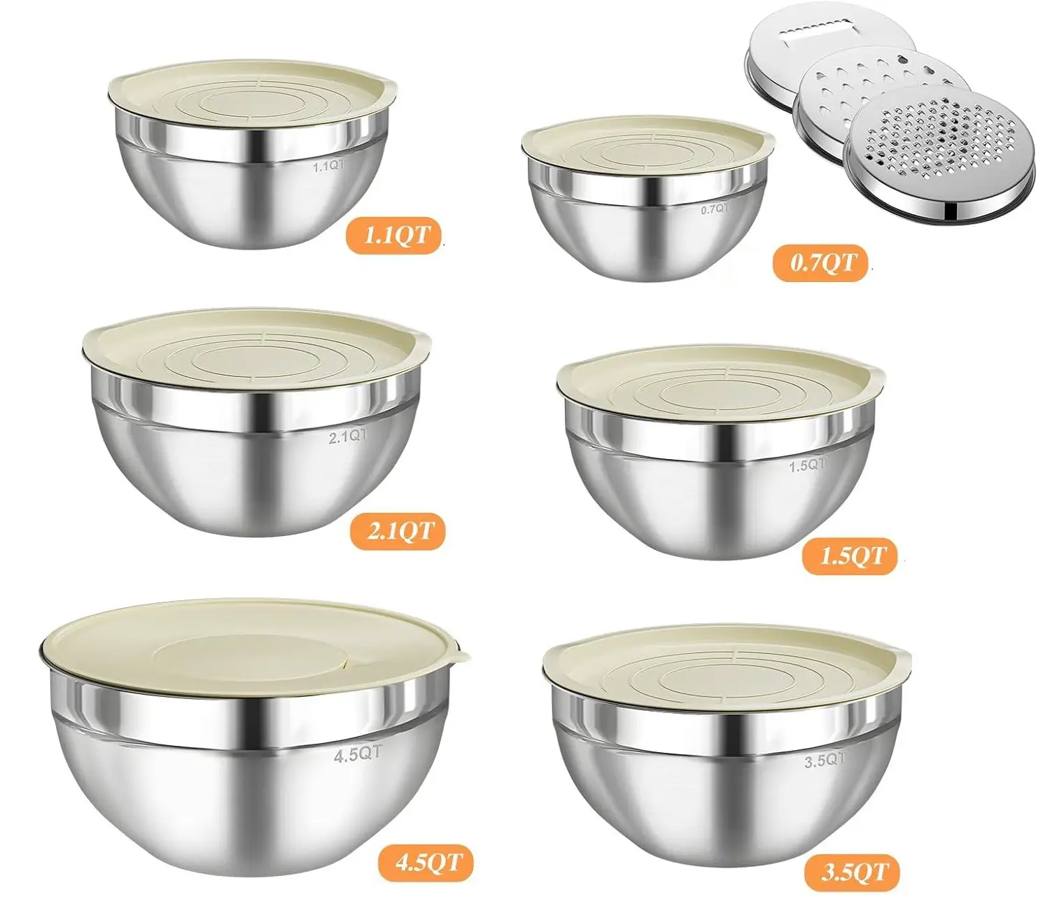 6 Piece Mixing Bowl with Lids Set,Stainless Steel Storage Bowls Kitchen,3 Grinder Attachments,Tableware Food Organizer Nesting Bowls Cooking Baking Airtight Kitchenware