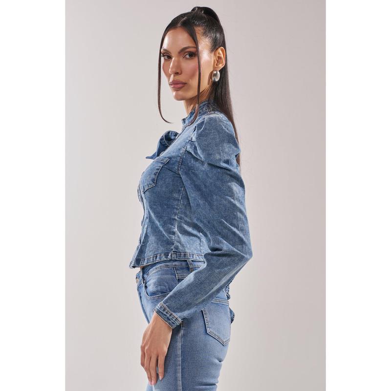SEIZE THE DAY LONG SLEEVE FLOUNCE MEDIUM BLUE DENIM TOP