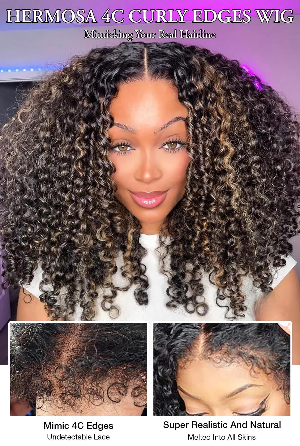 4c Curly Highlight Wig 220% Density Blonde Wigs Human Hair Pre-cut 8x5 HD Lace Wear Go Glueless Wig Bleached Invisible Knots #TikTokShopBlackFriday