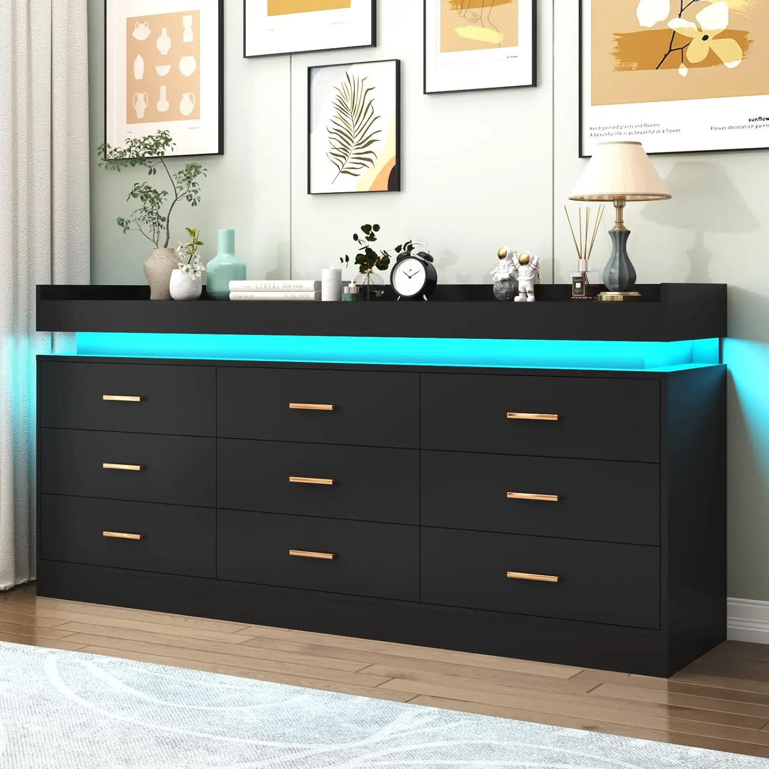 White /Black Dresser with LED Light, Modern Wood Dresser with Wide Drawers and Metal Handles, 9 drawer dresser for Bedroom, Living Room, Entryway, Hallway(White)（Black）,dorm essentials,home decor