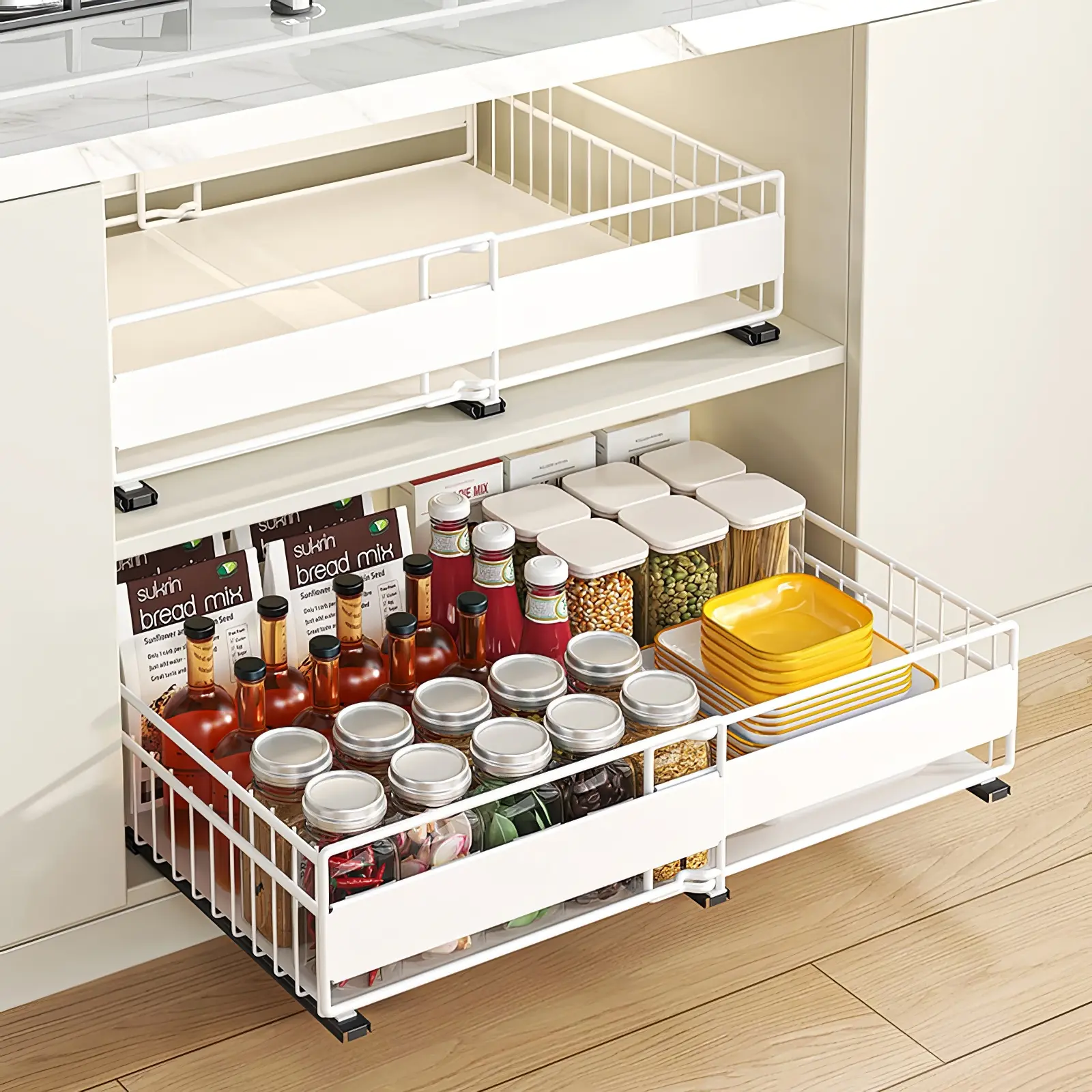 2 Counts Expandable Kitchen Drawer Steel Storage Rack, Deep Cabinet Pull-Out Organizer, Dishware Holder, Spice Bowl Dishes Drawer Shelf, Adjustable Removable Tray