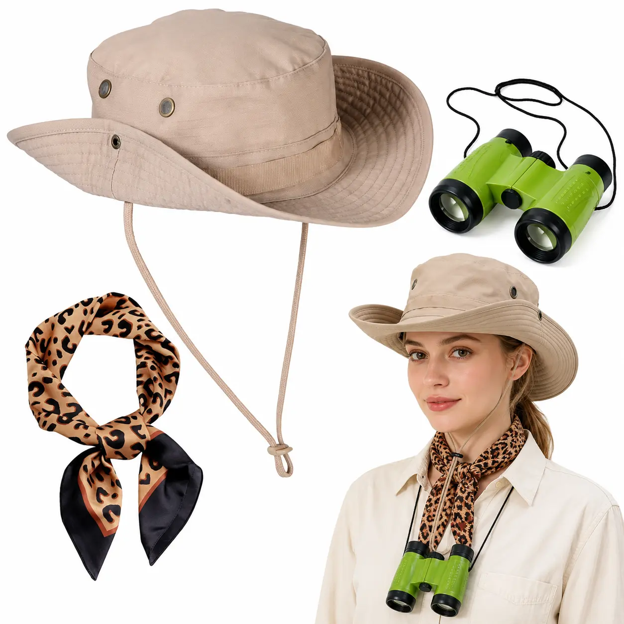 Halloween Safari Costume for Women 3Pc Zookeeper Explorer Accessories with Sun Hat Leopard Scarf Toy Binoculars Mom Outfit to Match Baby or Toddler for Wild One Birthday Family Group Costume Jungle Part Cosplay Accessory Women wear Clothes Festival