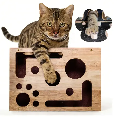 Natural Oak Wood Cat Scratch Puzzle Box - Durable Oak for Frequent Use, Clip Files in Top, Replaceable Lid, Safe Nail File, Nail Trimming Alternative to Clippers & Grinders, Enrichment Play for All-Age Cats