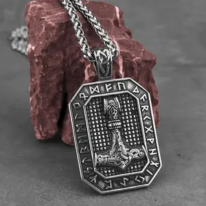 GTHIC Retro Square Thor's Hammer Stainless Steel Viking Pendant Ancient Nordic-Inspired Necklace for Daily Wear or Special Occasions