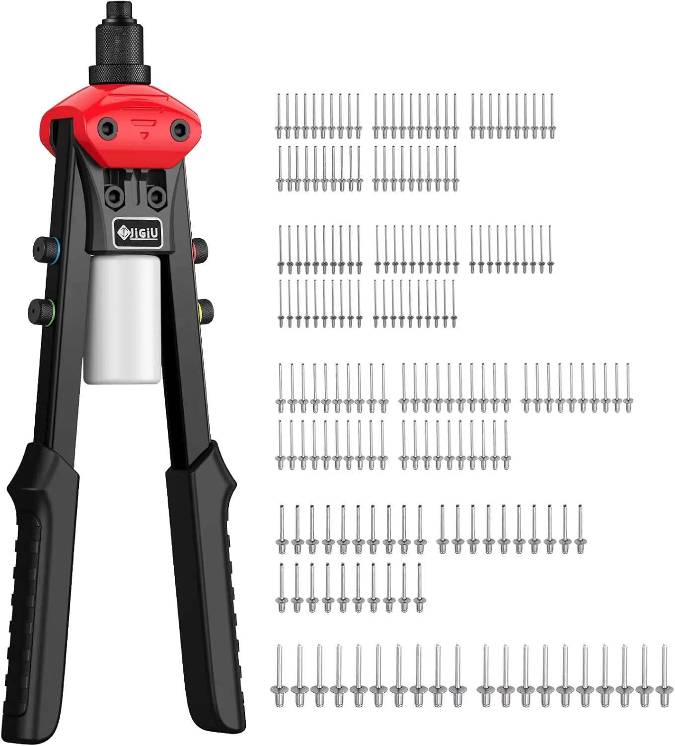 JiGiU 13" Heavy Duty Hand Riveter Tool Professional Pop Rivet Gun Rivet Tool Kit with 200PCS Rivets & 5 Nosepieces 3/32", 1/8", 5/32", 3/16", 1/4" for Metal Furniture Car Trailer