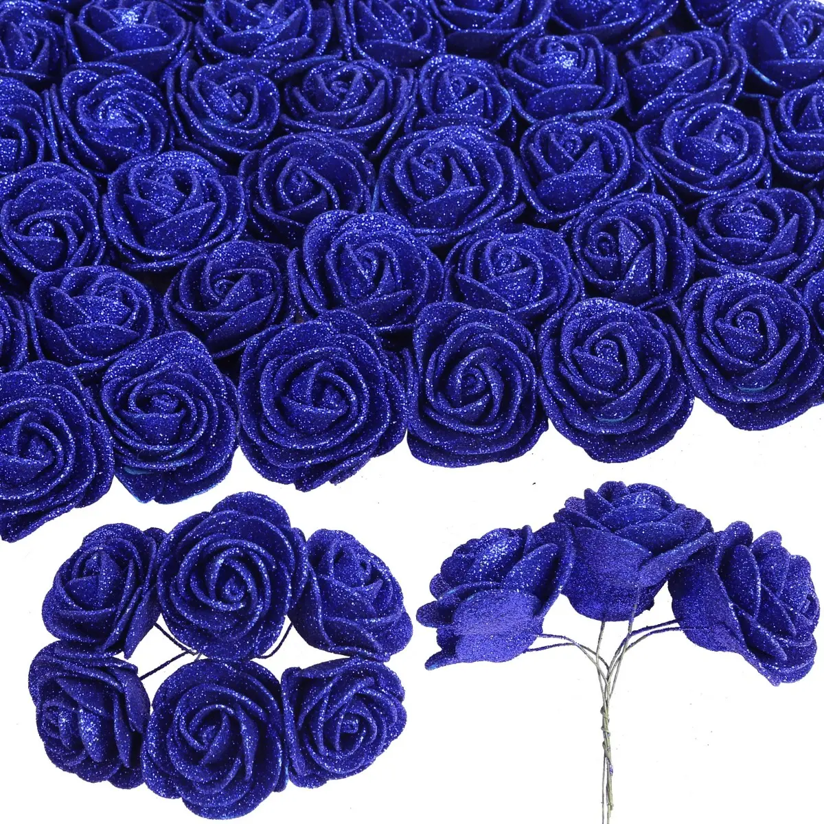 60-Count Flexible Artificial Blue Glitter Roses with Stems Bundle Pack, Shimmering Glow Decorative Flowers for Wedding Decor, Home Decor Supplies, Party Supplies