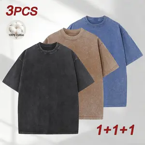 3-Pack Oversized Tshirts for Men Gym Vintage Heavyweight T Shirts Cotton Workout Acid Wash Baggy Tees#SummerVibes