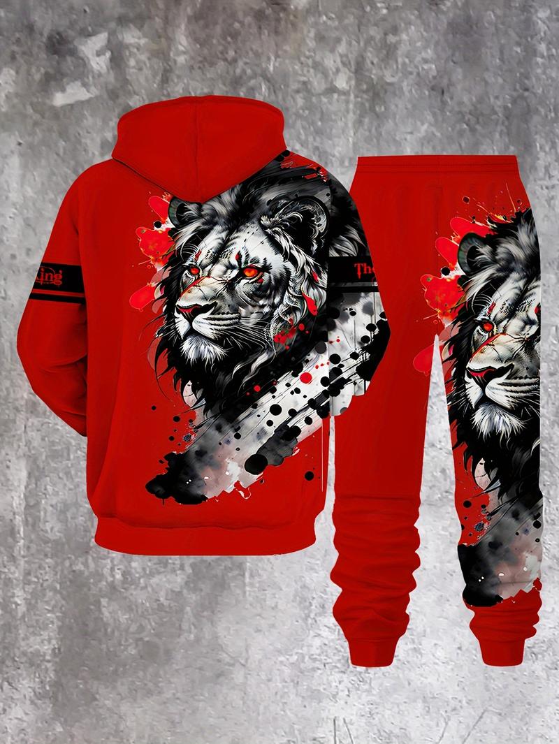 Two Piece Set European And American Trendy Lion Print Hooded Sweatshirt For Men Street Style Loose Fit Sports Two Piece Set