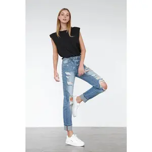 High Waisted Distressed Girlfriend Jeans – Ripped Light Wash Stretch Denim