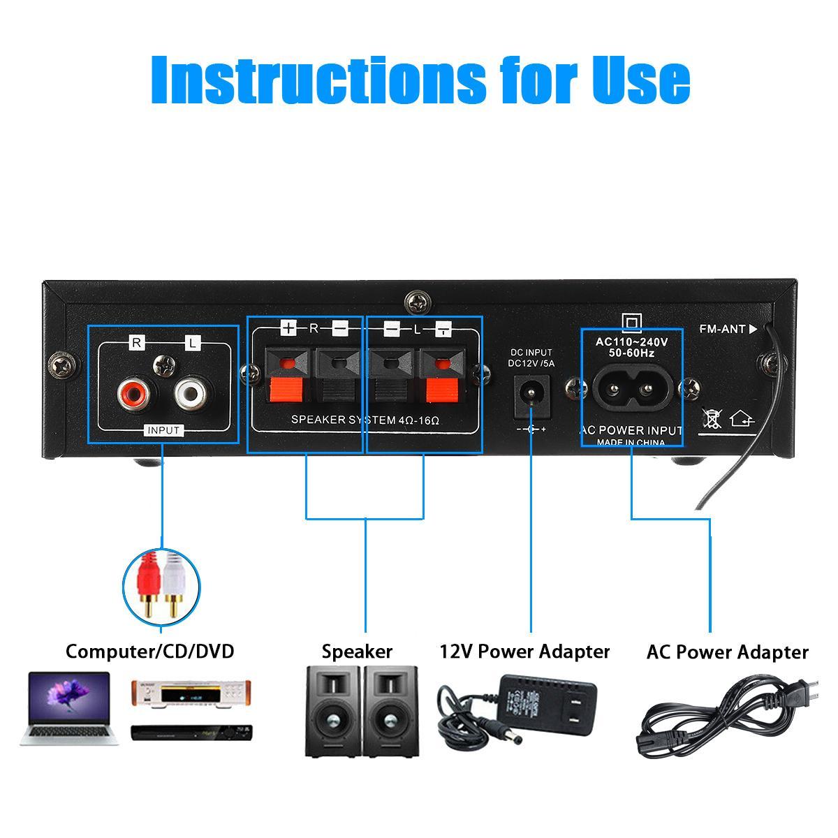 bluetooth Power Amplifier Receiver 800W Home Theater Pre-Amplifier Audio bluetooth Receiver with Wireless Remote Control, MP3/USB/SD/AUX/FM Radio