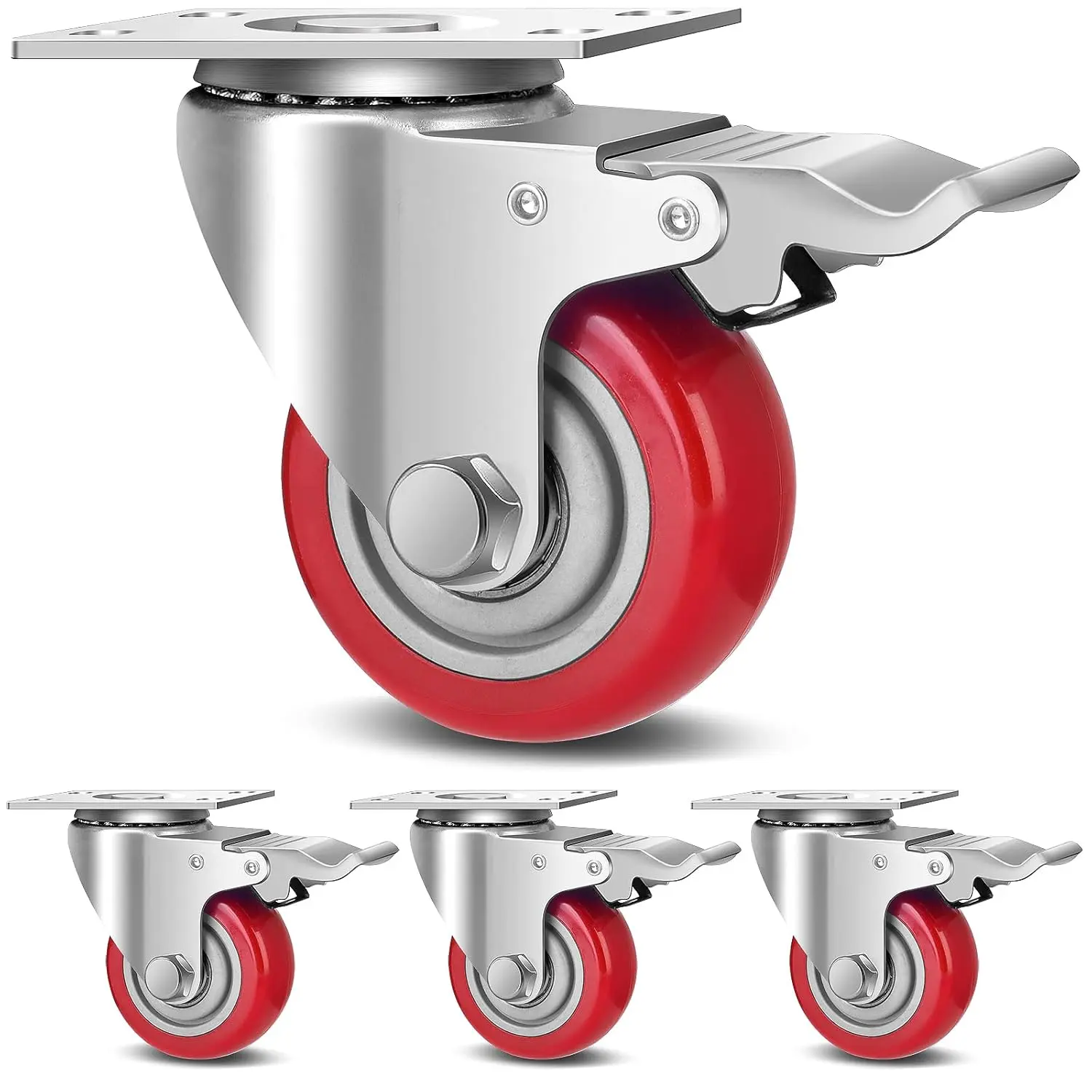 3 Inch Industrial Duty Swivel Caster Wheels with Brake,Set of 4 Safety Locking Casters,Load 1600lbs,Polyurethane Wheels for Table,Trailer,Saw Table,Stage Toolbox,Bed,Corn Board