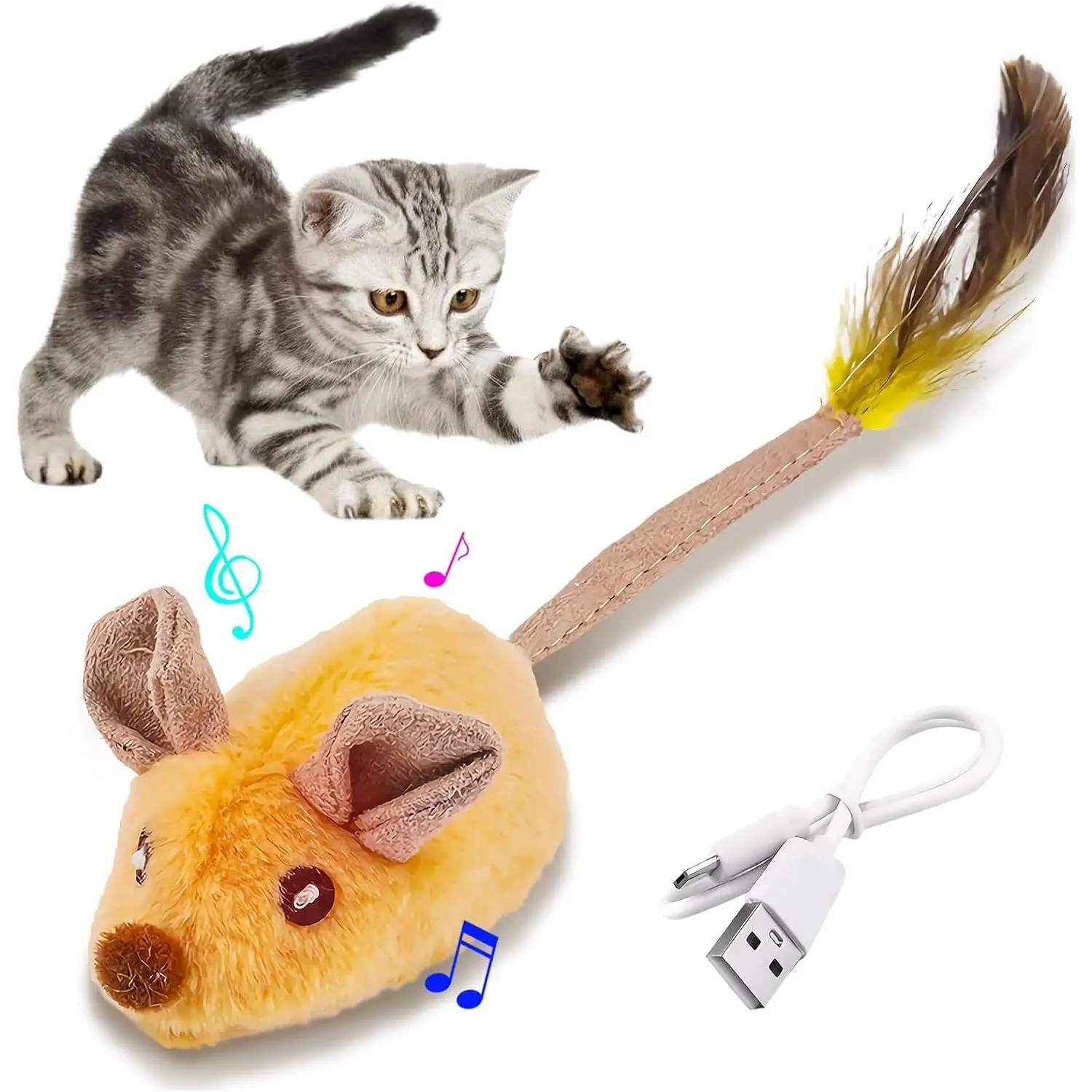 Interactive Cat Toys Mouse with LED Lights for Indoor Cats USB Rechargeable Cat Mouse Toys for Cats, Moving Automatic Chirping Squeaky with Feather Tail for All Breeds Cat