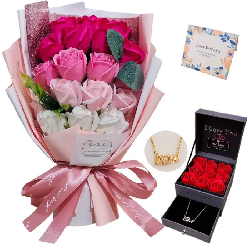 ZY Paper Flowers Bouquet - Preserved Red Artificial Flower with Love Necklace, Hotpink Home Decor Ornaments for Valentine's Day, Birthday Gifts for Her (Model 512)