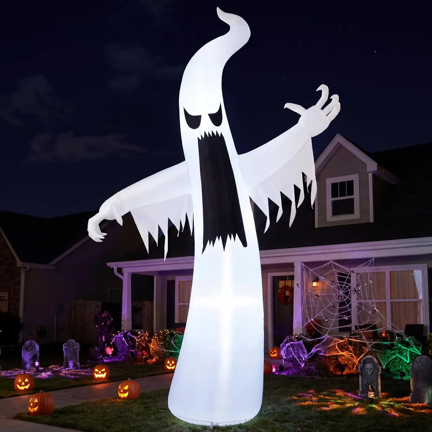 12ft Halloween Inflatable Scary Ghost - with Built-in LEDs, Giant Design - Scary Blow Up Ornament for Porch, Lawn