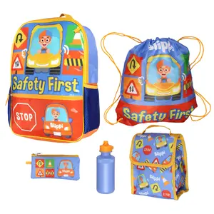 Blippi Backpack Safety First Kids School Travel Backpack 5 Pc Set With Lunch Box, Drawstring Bag, Water Bottle, and Pencil Case 16"