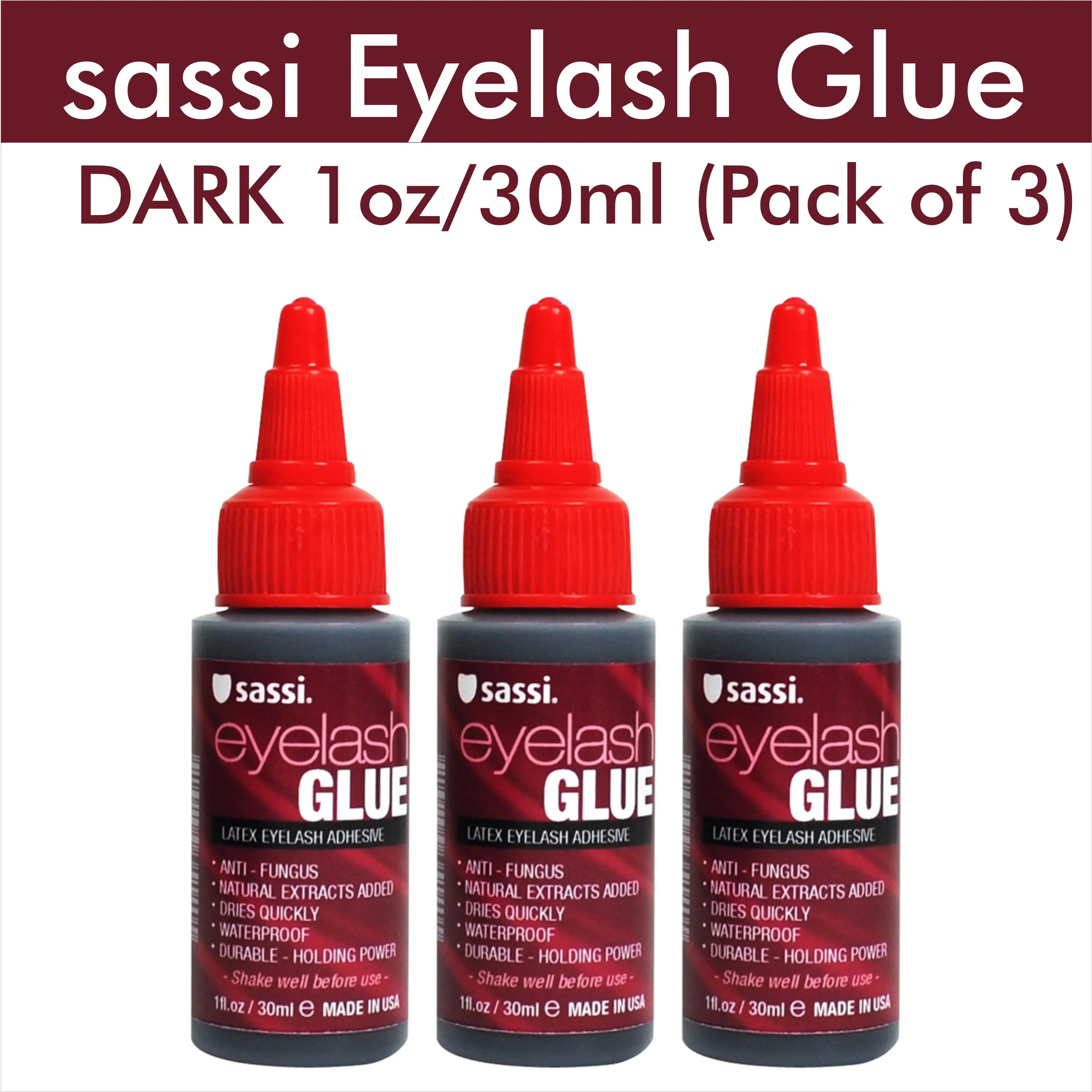 Sassi Cosmetic Dark Eyelash Adhesive - Quick-Drying, Gentle, Waterproof, 1 oz/30 ml (Pack of 3) for Lash Extensions & Makeup Application
