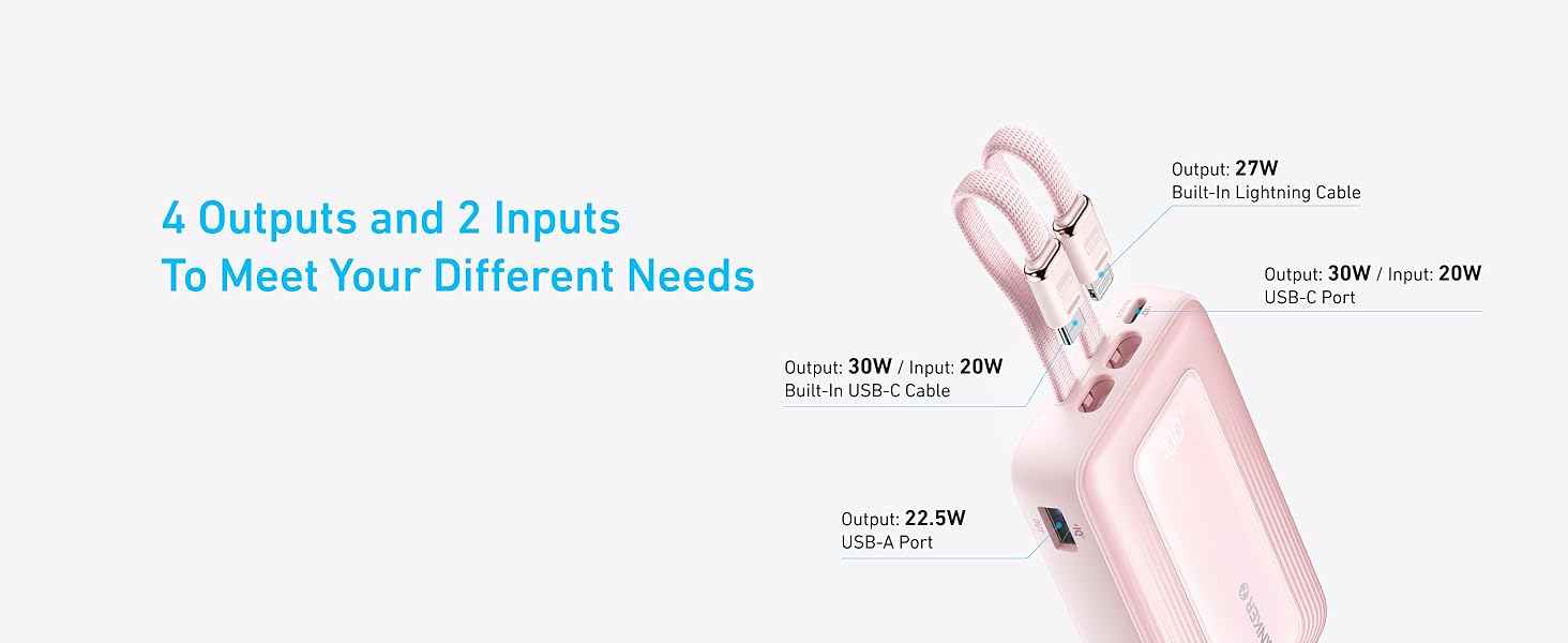 Anker Zolo Power Bank, 20,000mAh and  10,000mAh 30W Max Fast Charging with Built-In USB-C and MFi-Certified Lightning Cables, For iPhone 15 Series, MacBook, and More