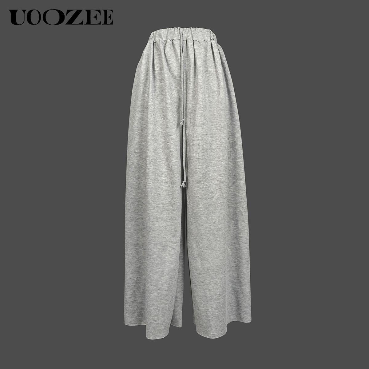 Leg Solid Color Pants - Simple & Comfortable Drawstring Waist Cuffed Baggy Oversized Cotton Light Gray Minimalist Women's Bottoms