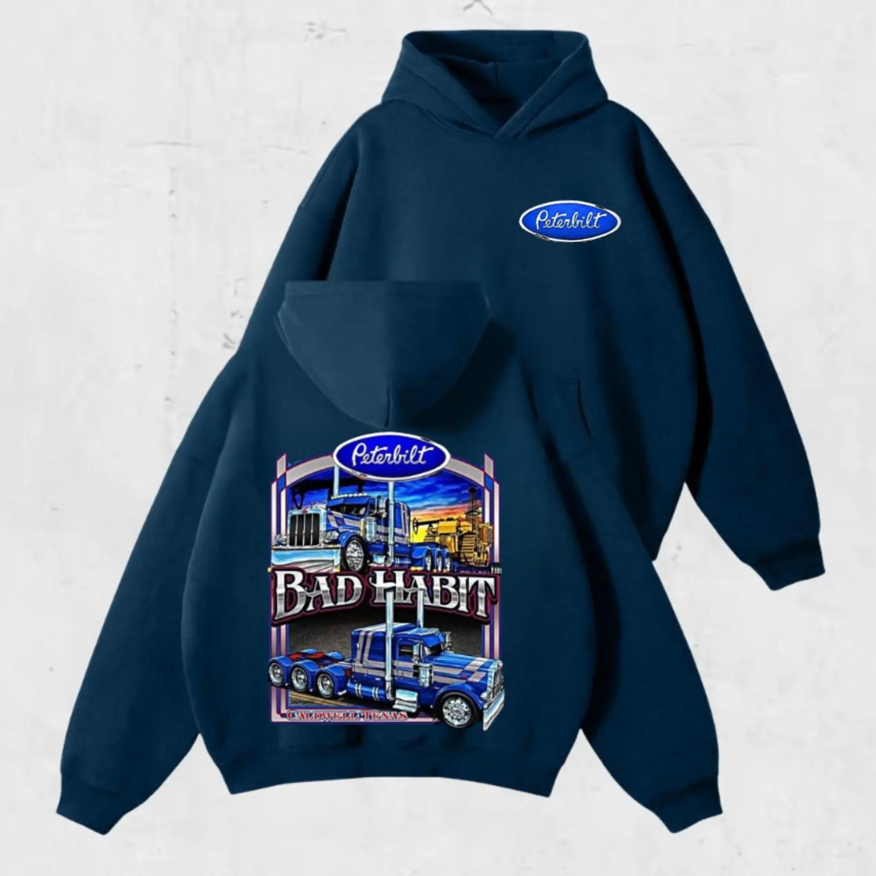 Peterbilt Blue Truck Bad Habit Hoodie – Custom Semi Truck Graphic Pullover, Cotton Classic Fit, Patriotic Gift for Truckers & Drivers, T-shirt and Sweatshirt