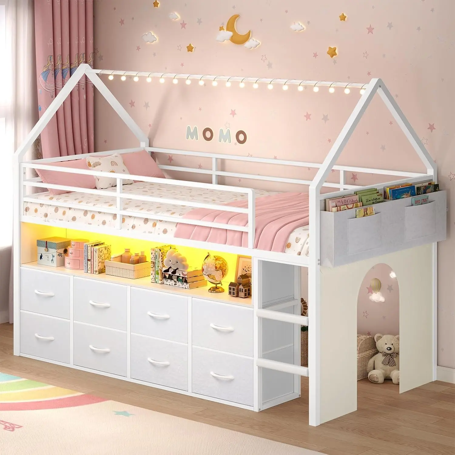 [SummerSale] Sikaic Twin Size Loft Bed with 8 Storage Drawers & LED Lights, House Shaped Metal Loft Bed Frame with Bookcase, Soft Foam Ladder, 13.4" High Safety Guardrail, Space-Saving Design, Curtain, Home Furniture, Dorm Essentials