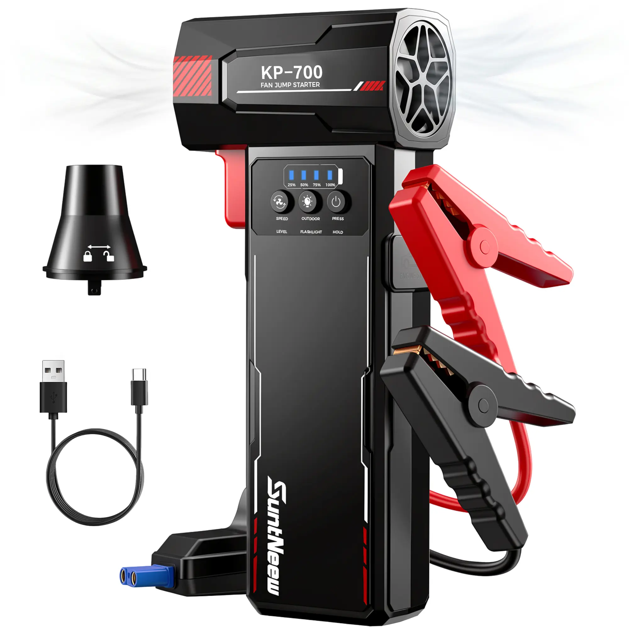 Jump Starter with Air Duster, 12V Portable Car Battery Booster for 6L Gas & 4L Diesel Engines, 7200mAh Auto Battery Pack with 105000RPM Blower Fan & LED Light for Road Emergency & Outdoor Camping