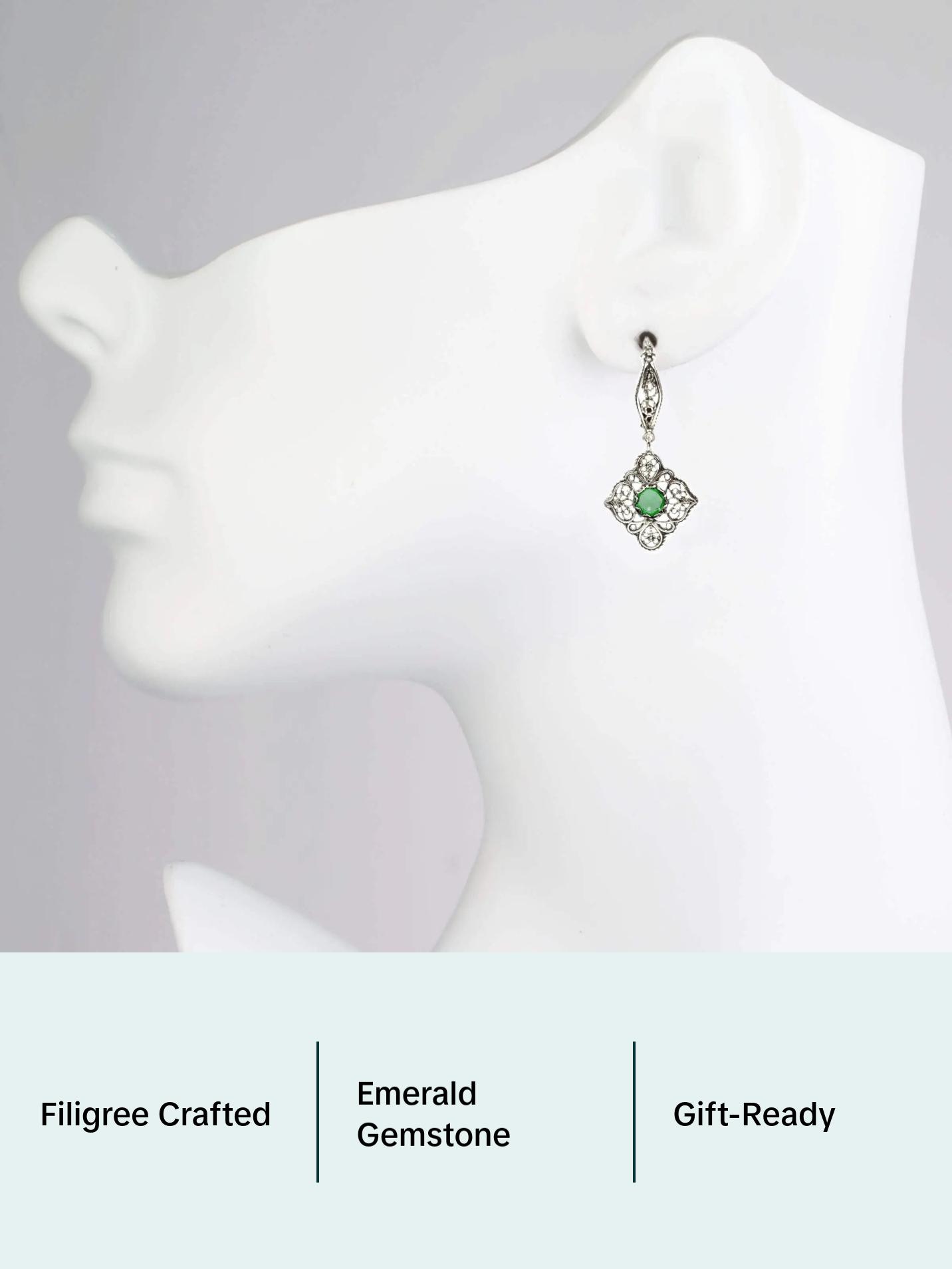 Sterling Silver Filigree Art Emerald Gemstone Woman Dangle Drop Earrings Sterling Silver Filigree Art Emerald Gemstone Woman Dangle Drop Earrings