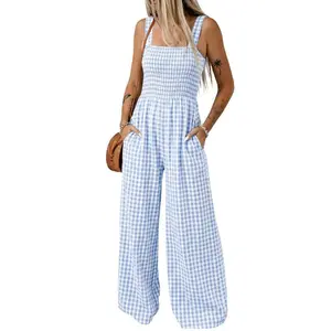 Dokotoo Women's Casual Loose Overalls Jumpsuits One Piece Sleeveless Plaid Wide Leg Long Pant Rompers With Pockets Bohemian Womenswear