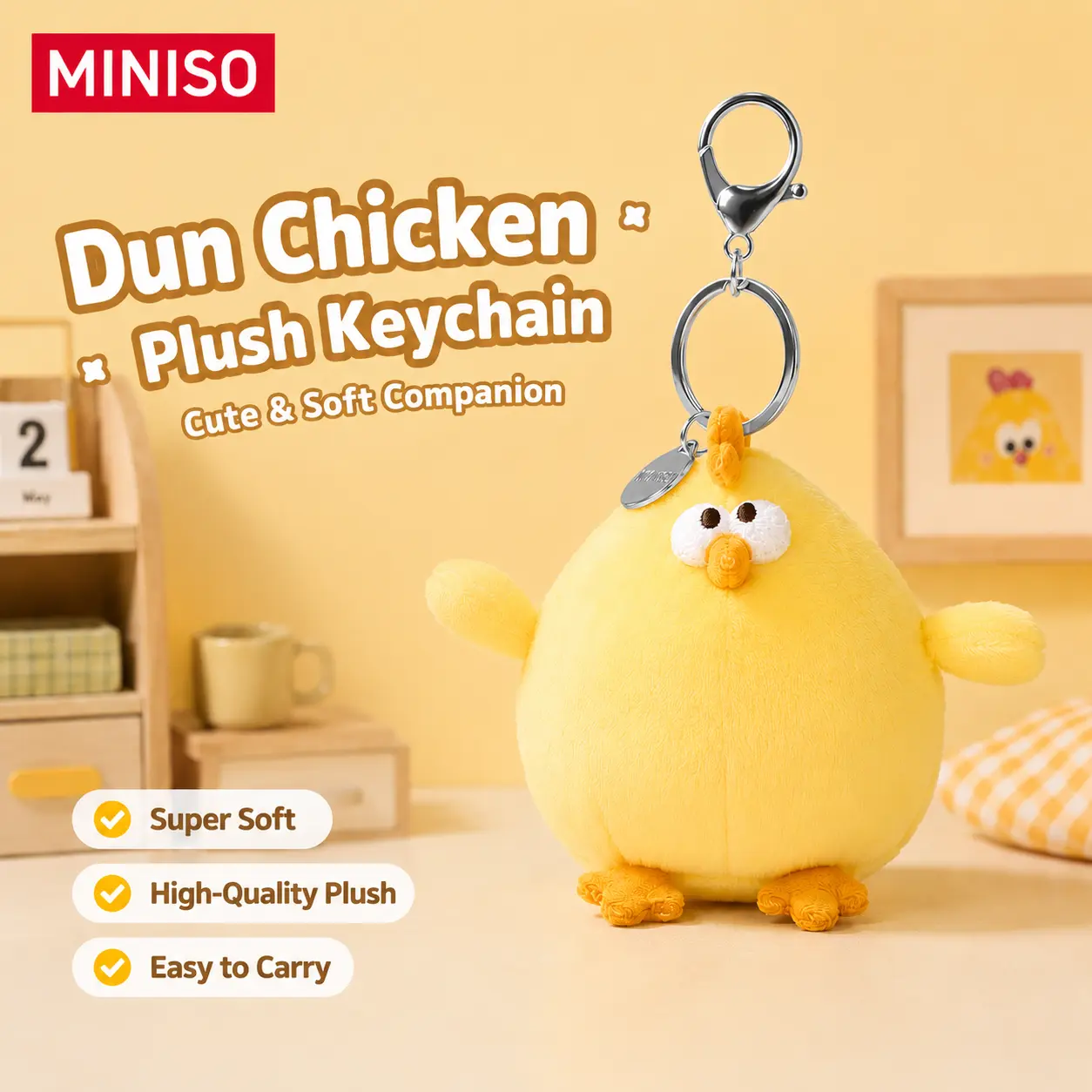 MINISO Dundun Chicken 3-in-1 Keychain Accessory - Cute Soft Yellow Chick Stuffed Toy with Split Ring, Portable Key Holder, Keychains Cute Key Accessories for Back to School Haul & Everyday Use