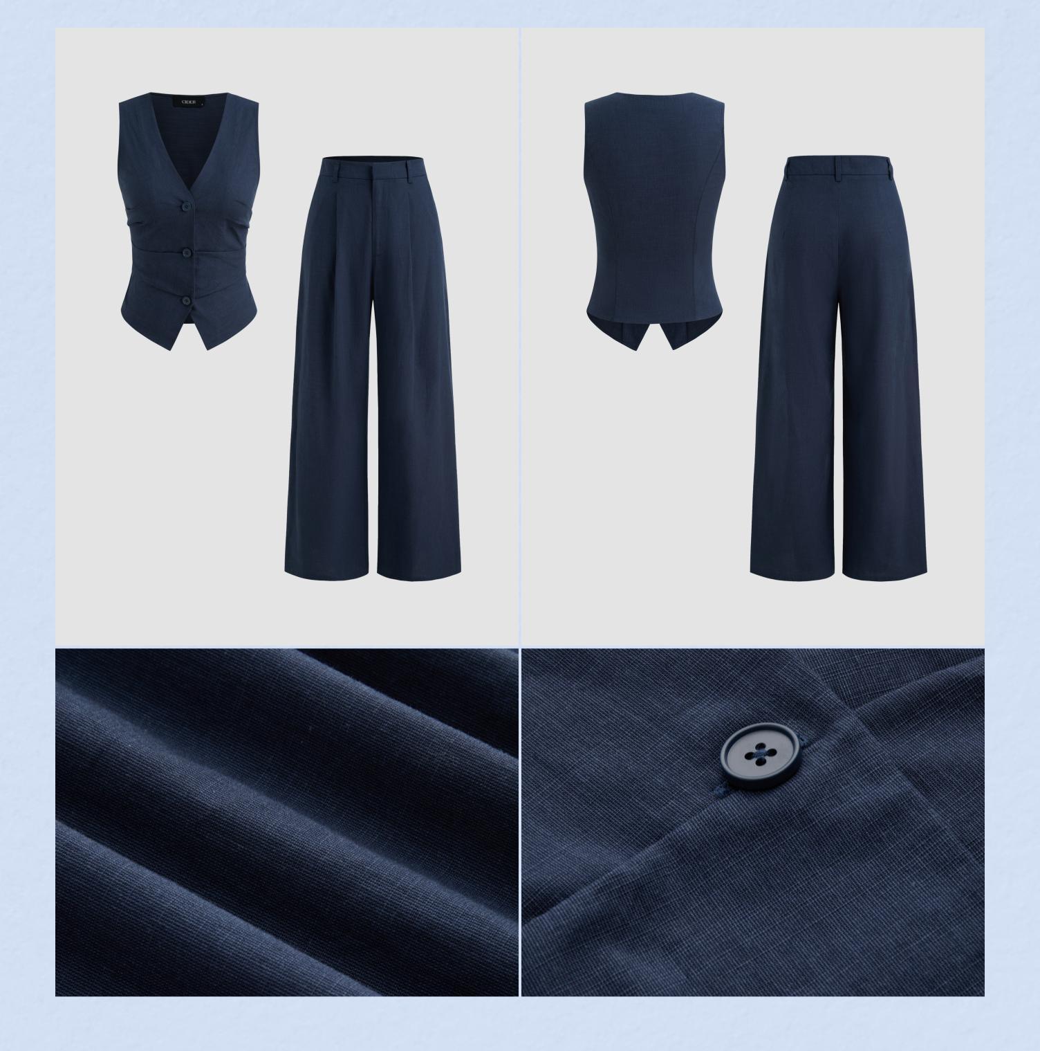 Cider [4 colors, size 0-26] Cotton-blend V-neck Solid Button Vest & Mid Rise Pocket Wide Leg Trousers