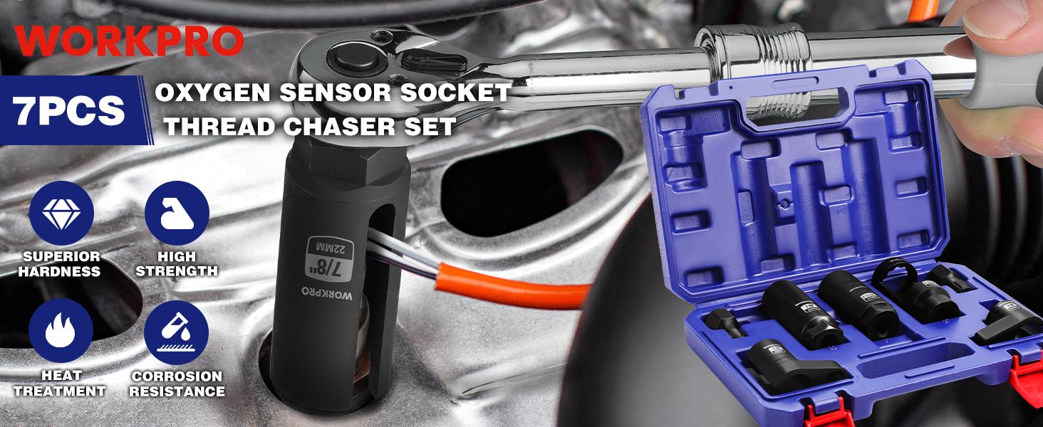 #SpringGlowUp WORKPRO 7-Pack O2 Oxygen Sensor Socket, Automotive 3/8" 1/2" Drive x 1-1/16" 7/8" 27mm 22mm O2 Sensor Socket Removal Tool Wrench and Thread Chaser Set, for Oil Pressure Vacuum Thermal Oxygen Sensors
